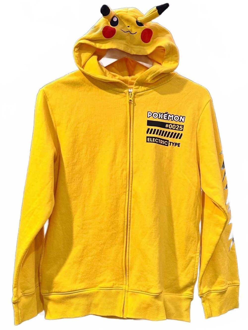 Pokemon 2XL Yellow Zip Up Hoodie Kawaii Pikachu Character Hood Lightning Bolt
